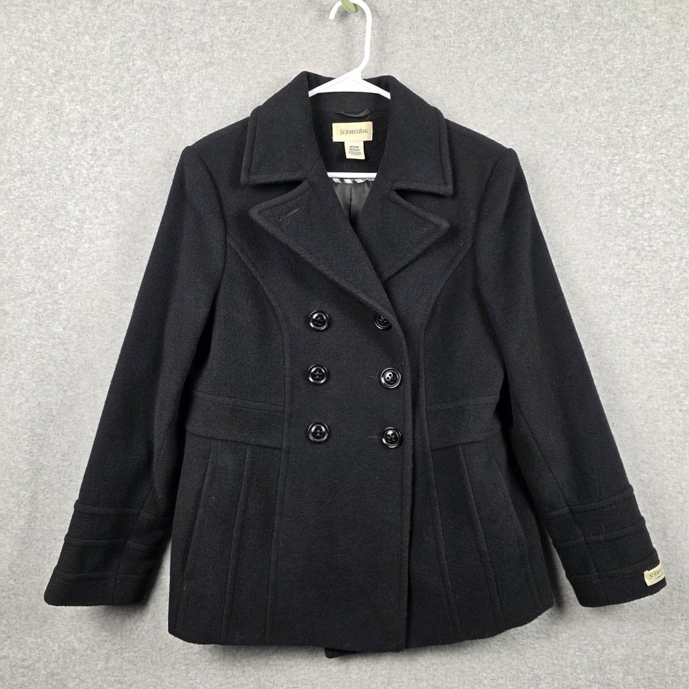 St John's Bay Coat Womens Medium Black Cashmere Blend Pea Coat Winter Lined